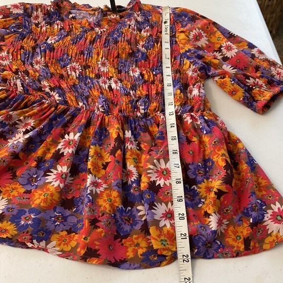 Vero Moda Multicolor Floral Peplum Smocked Top Ruffle Tie Sleeve Keyhole Back - Picture 15 of 15